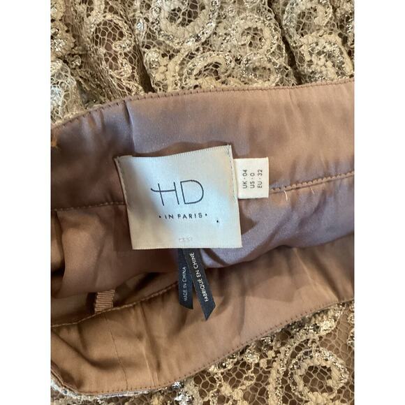 Anthropologie HD in PARIS Champagne Silver Metallic Lace Eyelash Hem Skirt Sz 0 - Picture 8 of 14